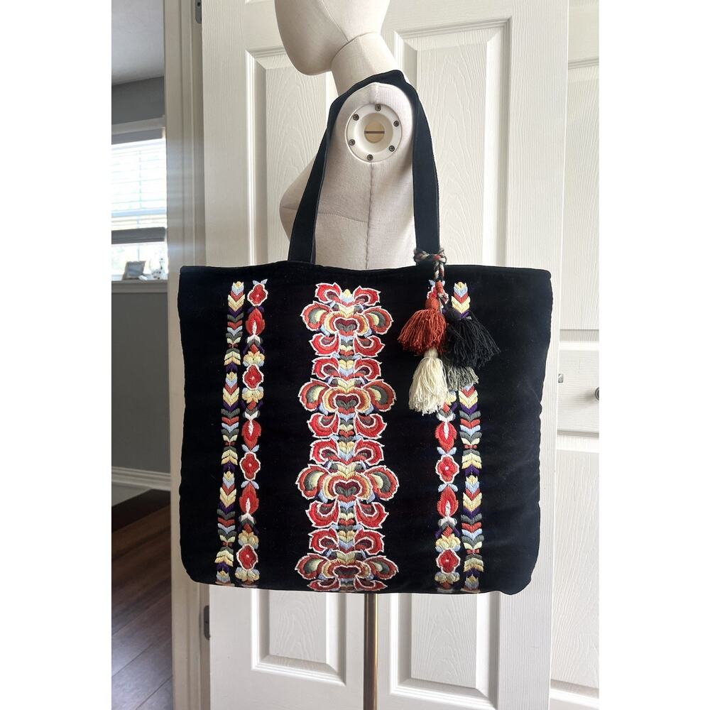 RUGGINE Black Velour Floral Embroidered Bohemian Extra Large Tote Book Bag